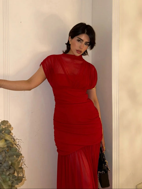Elegant Mesh Patchwork Pleated Long Skirt Dress for Women Slim Evening Party Maxi Dress